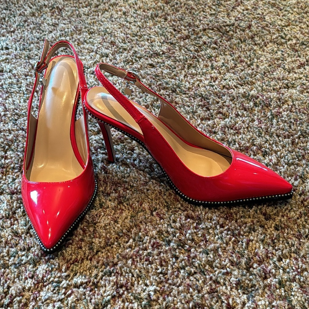 Red patent faux leather heels